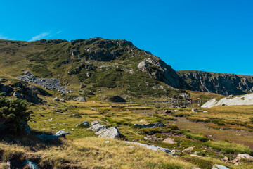 Mountain view of the Rila Mountains in Bulgaria. Seven Rila Lake hike. Eco trails. Connection with nature.	