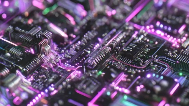 Intricate circuit board illuminated with glowing lights technology concept