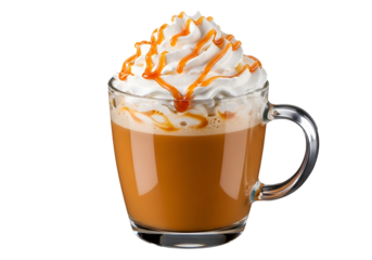 A delicious, caramel-topped, whipped cream latte in a clear glass mug, showcasing rich caramel and creamy white whipped cream, sits against a pure black background.