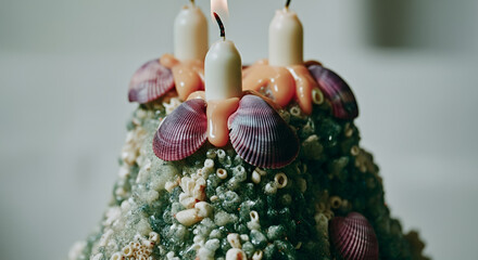 Elegant decorative cake with candles and seashells on a light background