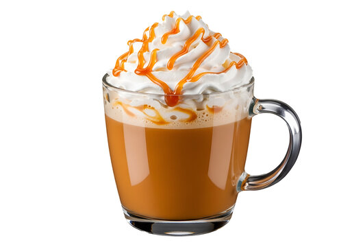 A delicious, caramel-topped, whipped cream latte in a clear glass mug, showcasing rich caramel and creamy white whipped cream, sits against a pure black background.