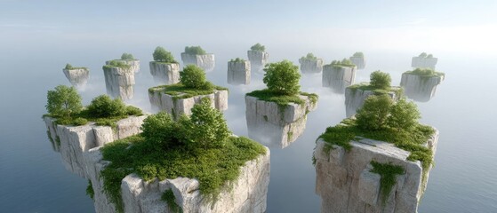 Floating Islands with Green Vegetation Over Calm Water in a Surreal Landscape
