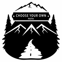 Inspirational outdoor scene with mountain road and forest emblem illustration