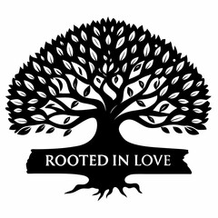 Black and white rooted in love tree silhouette with leaves