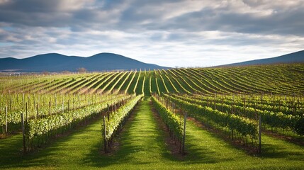 Fototapeta premium Serene vineyard landscape with orderly grapevine rows under natural sunlight, evoking tranquility and growth.