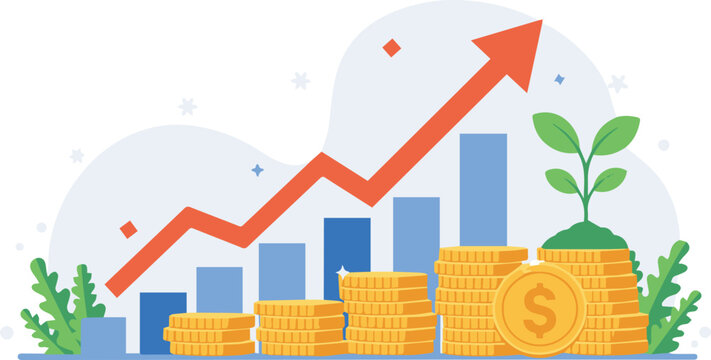 Witness financial growth with rising graph, coins, and sprouting plant for a thriving business, illustrating investment success and sustainable finance strategies