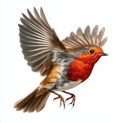 European robin in flight, isolated, white, background, png, cut, out, transparent, white background cut out png
