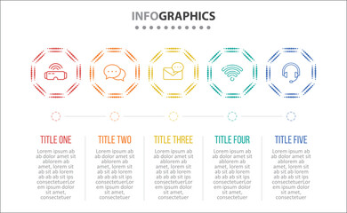 Vector Infographic design with icons. process diagram, flow chart, info graph, Infographics for business concept, presentations banner, workflow layout. 5 options or 5 steps. Horizontal Steps