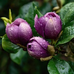 Obraz premium Close up of purple magnolia flower buds with water droplets on green leaves