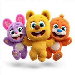 Three adorable cartoon characters, isolated on white background cut out png