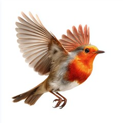 European robin bird in flight, white background cut out png