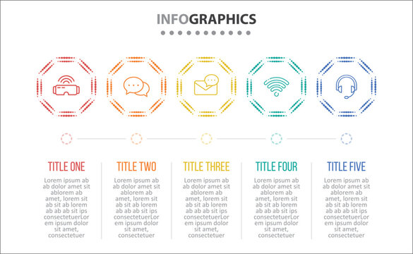Vector Infographic design with icons. process diagram, flow chart, info graph, Infographics for business concept, presentations banner, workflow layout. 5 options or 5 steps. Horizontal Steps