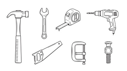 Collection of hand tools and power drill sketch drawings set for construction and diy projects vector
