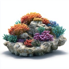 Colorful coral reef on a rock, white background cut out png
