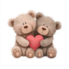Two adorable teddy bears holding a heart, white background cut out png