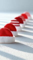 Festive Array of Red and White Santa Hats in a Row on White Surface