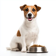 Jack Russell Terrier with food bowl, isolated, white, background, png, cut, out, transparent, white background cut out png