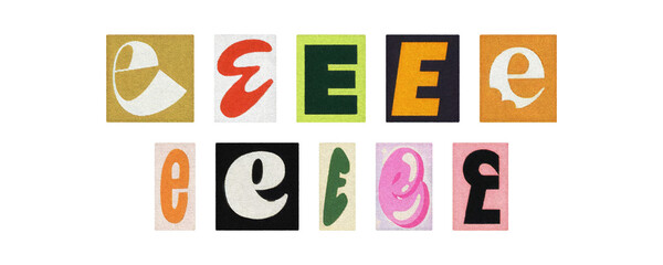 Magazine letter E cutouts collage set, colorful tiles on transparent PNG

