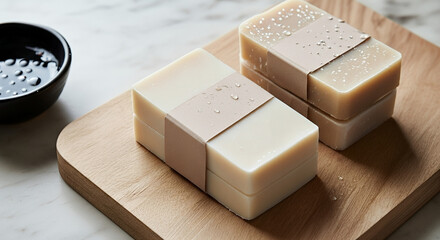 Natural soap bars neatly placed on a wooden plate with soft fabric for a minimalist home aesthetic