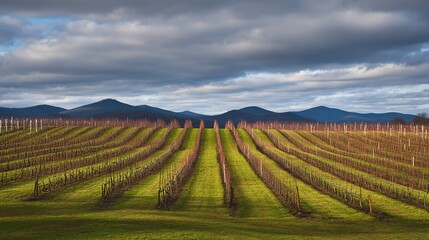 Fototapeta premium Serene vineyard landscape with orderly grapevine rows under natural sunlight, evoking tranquility and growth.