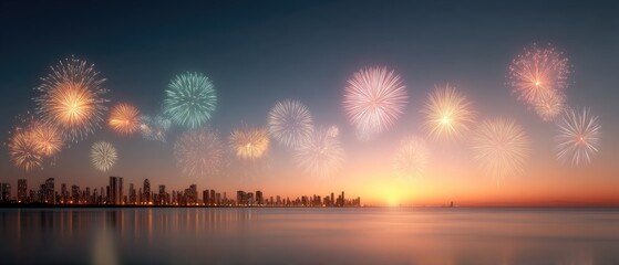 Festive Fireworks Display Over City Skyline at Dusk Reflecting in Calm Waters