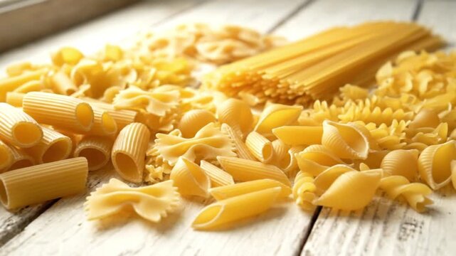 Variety of pasta shapes on a weathered wood surface including rigatoni farfalle spaghetti and rotini suggesting a food theme