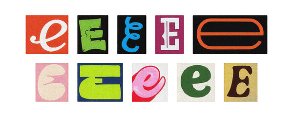 Typography letter E set in diverse fonts, magazine cutouts on PNG
