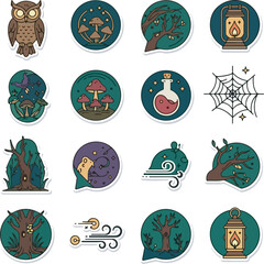 Enchanted Forest Halloween Vector Sticker Icons with Owl, Mushrooms, Potion, Lantern, and Magical Elements