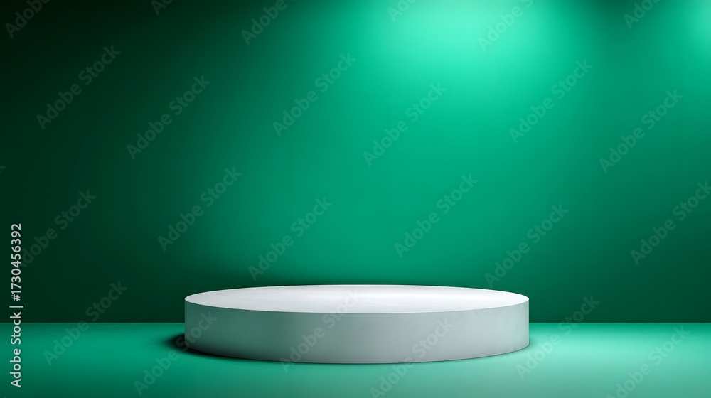 Wall mural an empty white podium sits on a gradient green background with spotlights suitable for product prese