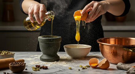 Chef's hands expertly pouring olive oil and cracking an egg for a homemade recipe in a rustic kitchen