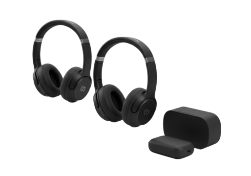 Three sleek, modern black wireless over-ear headphones and charging case, in a staggered row on a pristine transparent background, high-key studio commercial product photography concept.