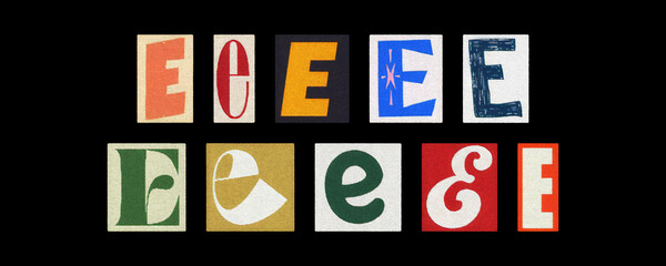 Magazine letter E cutout tiles collage set on a black background
