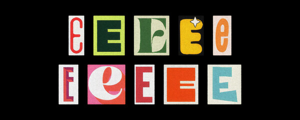 Magazine letter E cutout tiles collage set on a black background
