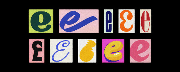 Colorful letter E collage from magazine clippings arranged on black
