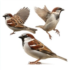 Sparrows in different poses isolated on white background cut out png, white background cut out png