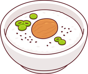 Kayu (Okayu), traditional Japanese rice porridge topped with umeboshi pickled plum and green onions. Cartoon vector clip art illustration.
