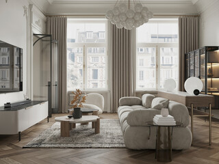 Bright living room with large windows, soft sofa, and cozy decor.