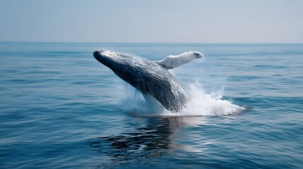 Fototapeta premium Majestic Whale Breaching in Tranquil Ocean Waters Under Blue Sky
