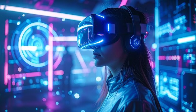 A neon-lit VR headset immerses its user in a swirling cyberpunk world of data and light.