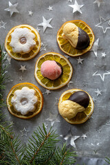 Festive Christmas cookies on holiday table top view