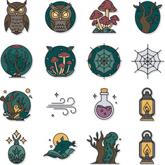 Enchanted Forest Halloween Vector Sticker Icons with Owl, Mushrooms, Potion, Lantern, and Magical Elements
