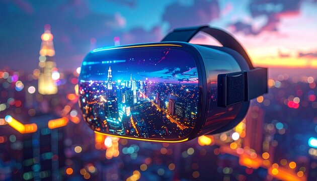 A glowing VR headset reflects a neon cityscape, merging human presence with digital immersion.