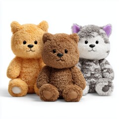 Obraz premium Three plush toys isolated on white background cut out png