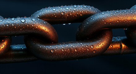 A close-up shot of a wet metallic chain with droplets on a dark background
