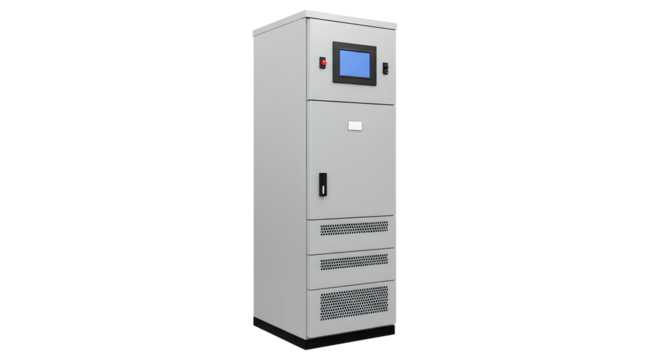 Tall Gray Data Storage Server Cabinet with Digital Display in Data Center