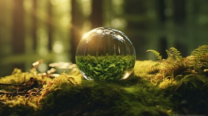 crystal clear glass sphere, forest moss, lush green foliage, sun rays, dramatic lighting, highly detailed, 8k, cinematic, photorealistic
