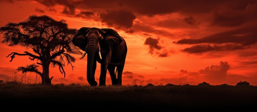 a dramatic silhouetted elephant standing under a lone tree against a vibrant fiery sunset sky, detailed landscape, epic, cinematic, dramatic lighting, intricate, hyperrealistic