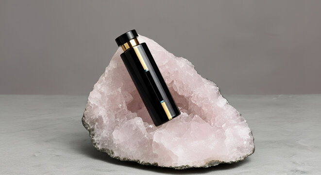 Elegant perfume bottle displayed on a large pink geode