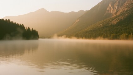 Obraz premium Tranquil landscape captures a serene morning scene, with a calm lake reflecting the surrounding mountain ranges and lush forested areas, gently shrouded in misty atmosphere, creating a peaceful and...