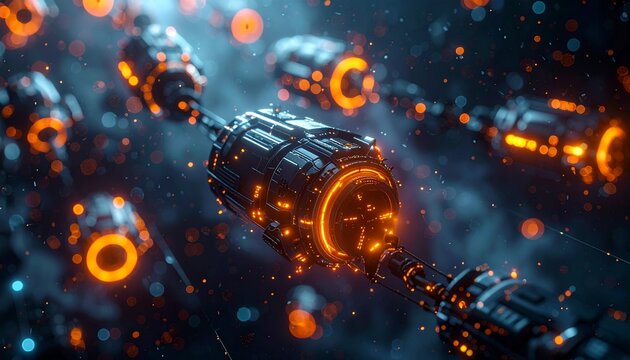 Glowing nanospheres with spiked surfaces connect via radiant lines in a dark digital matrix.